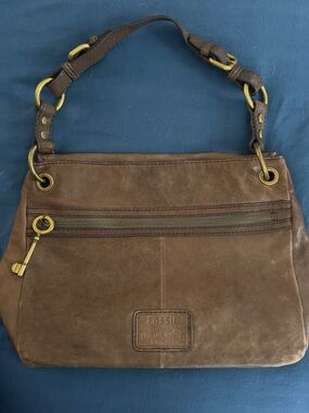 Fossil Brown Leather Shoulder Bag with Key Charm
